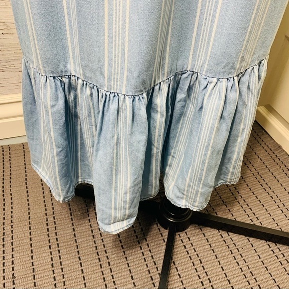 BB Dakota Midi Dress L Chambray Blue White Stripes Tencel Prairie Ruffle Hem - Picture 7 of 11